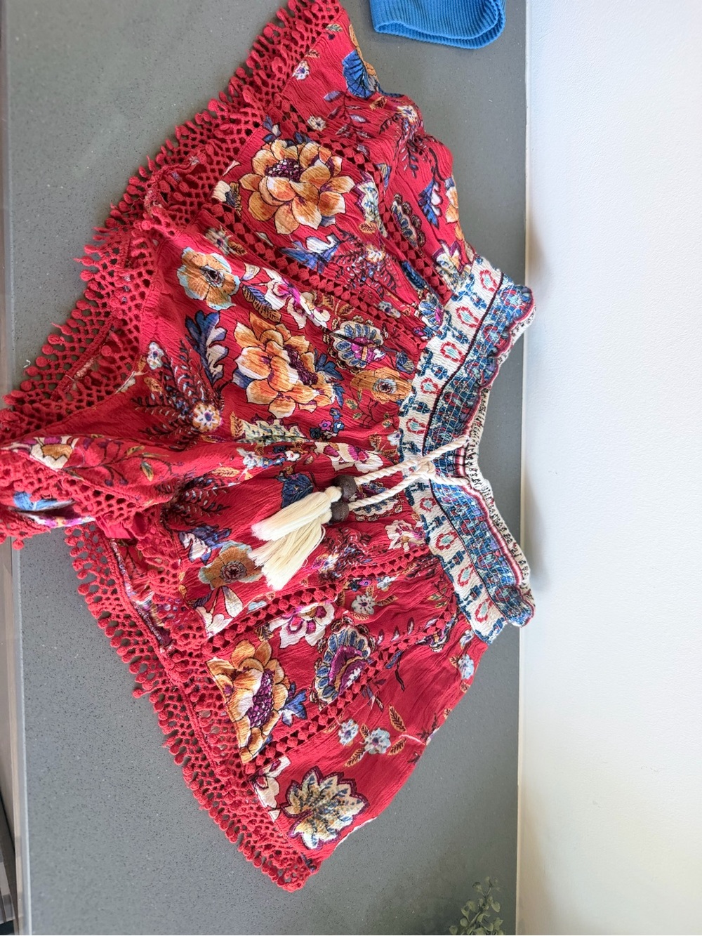 Altar'd State Cream Shorts with Red & Blue Floral Accents